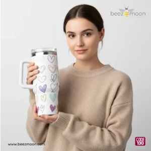 A female model holding the large-capacity 1300ml Beezmoon "Doodle Hearts" tumbler, showcasing its "Big size and heavy" duty build and premium finish.