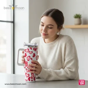 Large white 'Stanley-style' insulated tumbler with a dense, all-over pattern of varied red and pink hearts, a sturdy white ergonomic handle, and a clear flip-straw lid, isolated on a light background. Features "Big size" and "Heavy Duty" build.