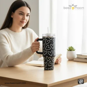 Heavy-duty black 'Stanley-style' insulated tumbler with a white heart print pattern, featuring a large ergonomic handle and clear straw, branded Beezmoon Code 127.
