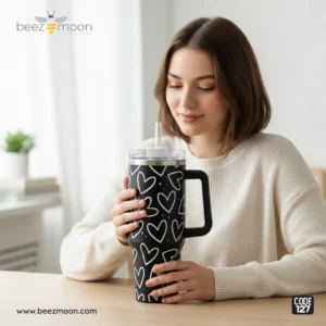 Heavy-duty black 'Stanley-style' insulated tumbler with a white heart print pattern, featuring a large ergonomic handle and clear straw, branded Beezmoon Code 127.