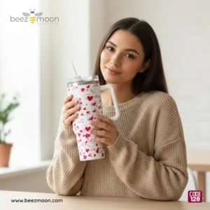 Professional product photography of a Beezmoon white insulated tumbler with a red heart and "LOVE" pattern, featuring a sturdy white handle and clear lid (Code 128).