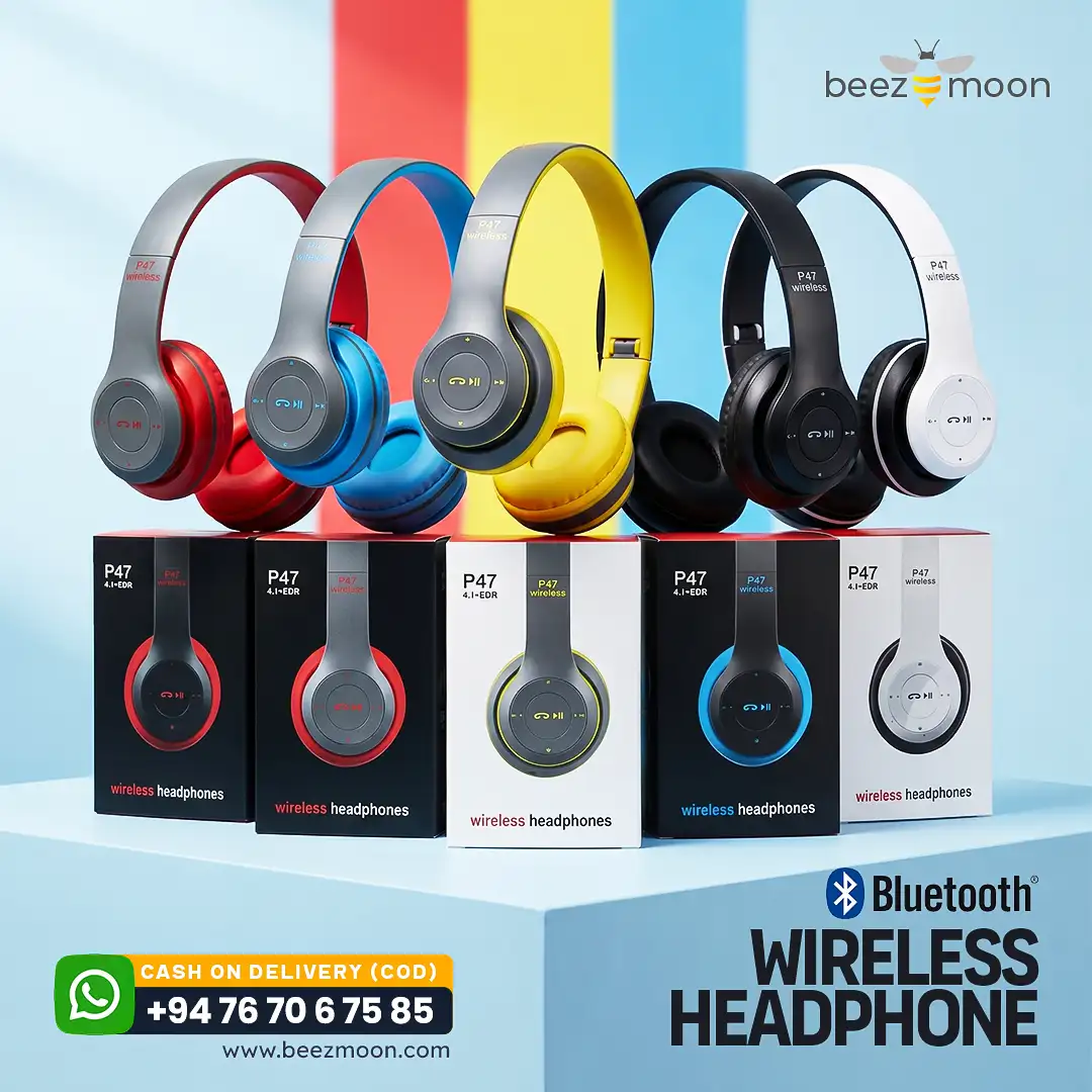 P47 Bluetooth headphones available in Red, Blue, Black, and White colors