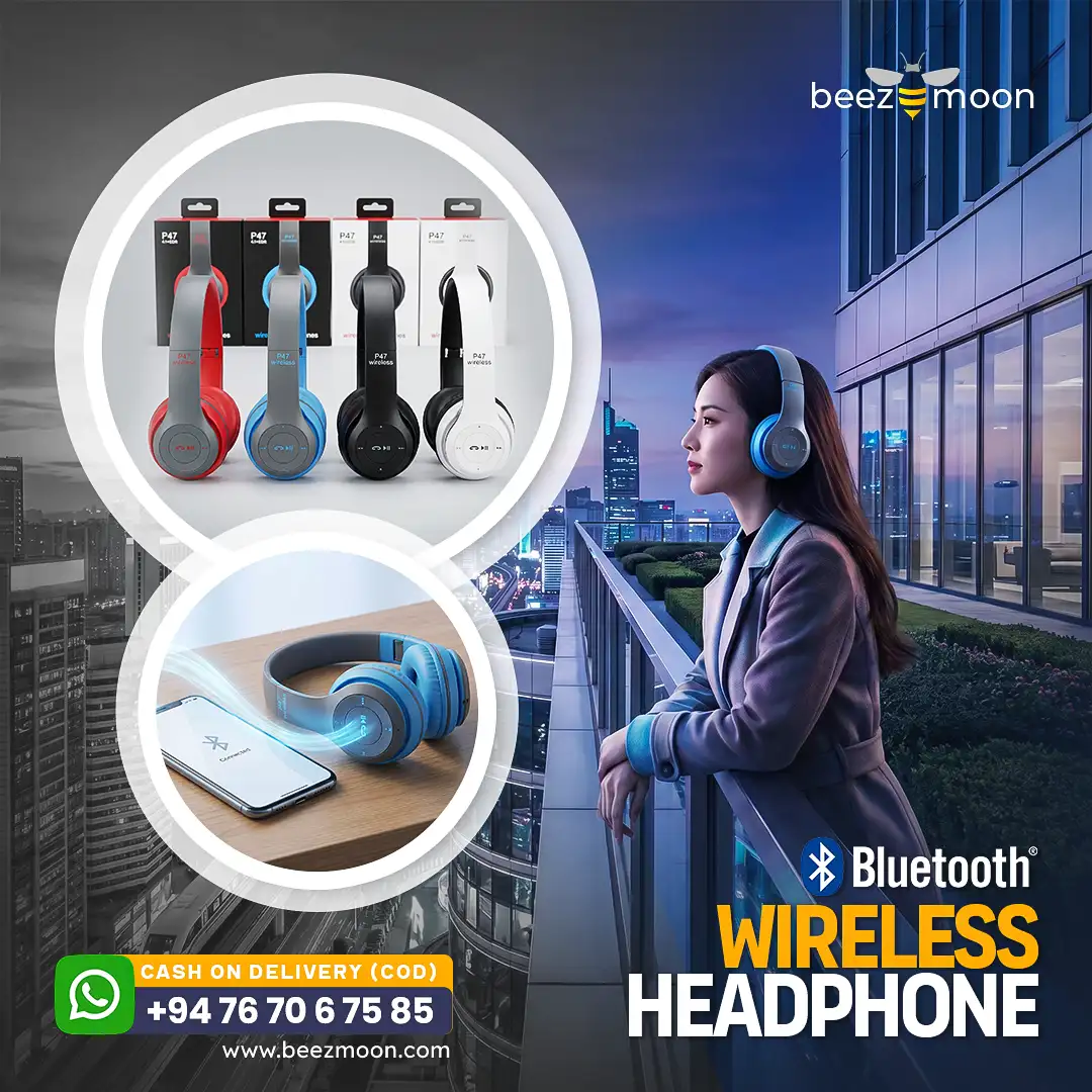 P47 Bluetooth headphones available in Red, Blue, Black, and White colors