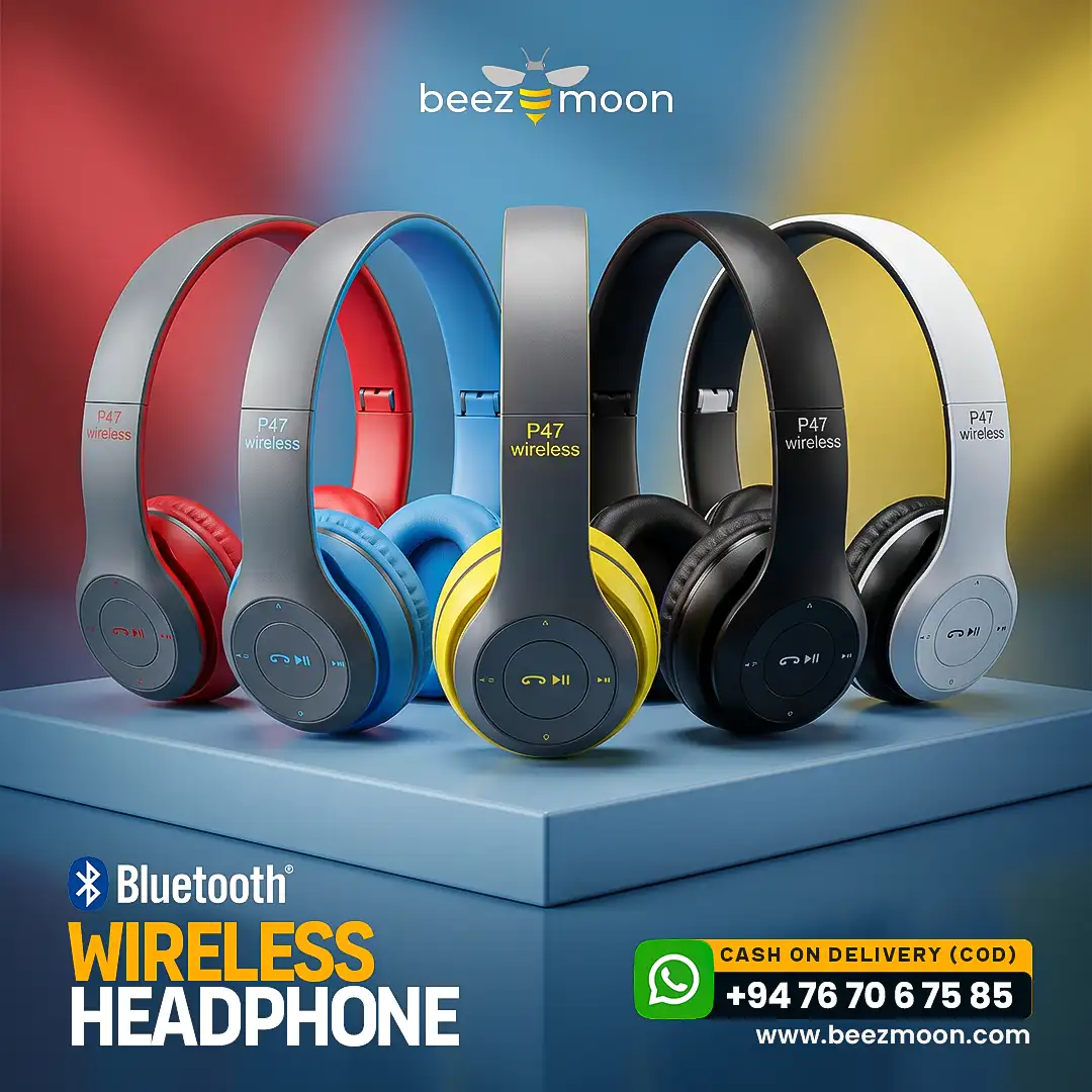 P47 Bluetooth headphones available in Red, Blue, Black, and White colors
